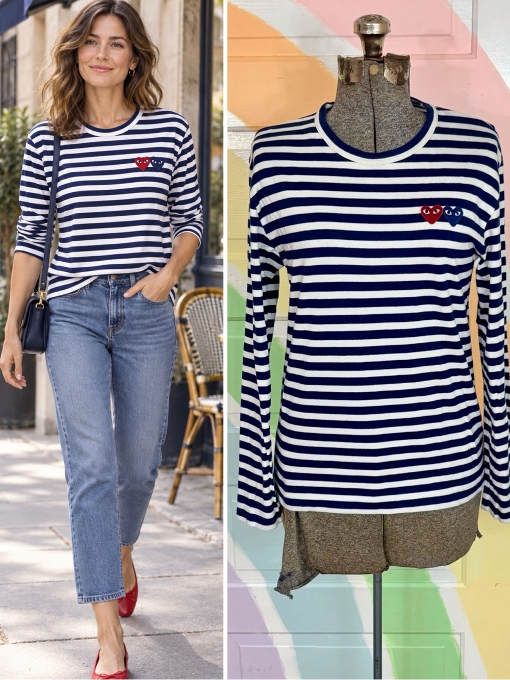 💥Comme des Garçons PLAY Double Heart Striped Long Sleeve T-Shirt Navy S🧡